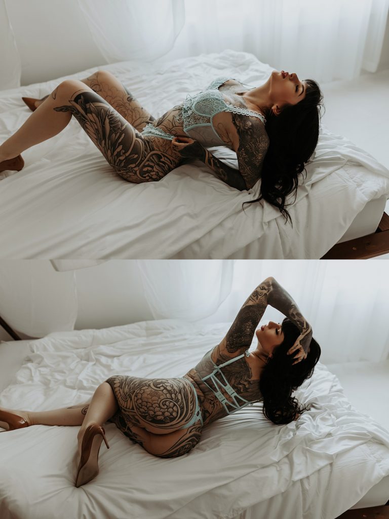Two image collage of a woman covered in tattoos wearing lingerie lying across a bed wearing heels.