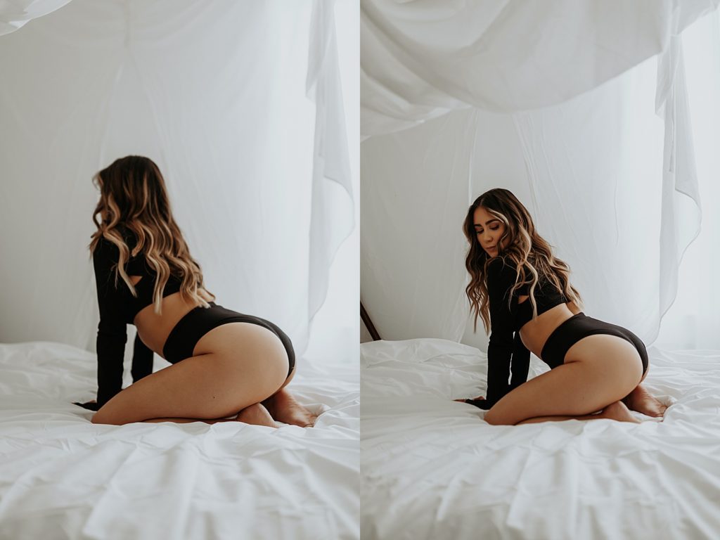 Two image collage of a woman kneeling on a white bed with sheer white curtains wrapped all around. Woman is wearing black two piece lingerie. 