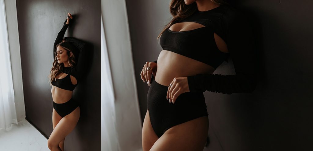 Two image collage of a woman in two piece black lingerie set leaning against a black wall for her boudoir session. 