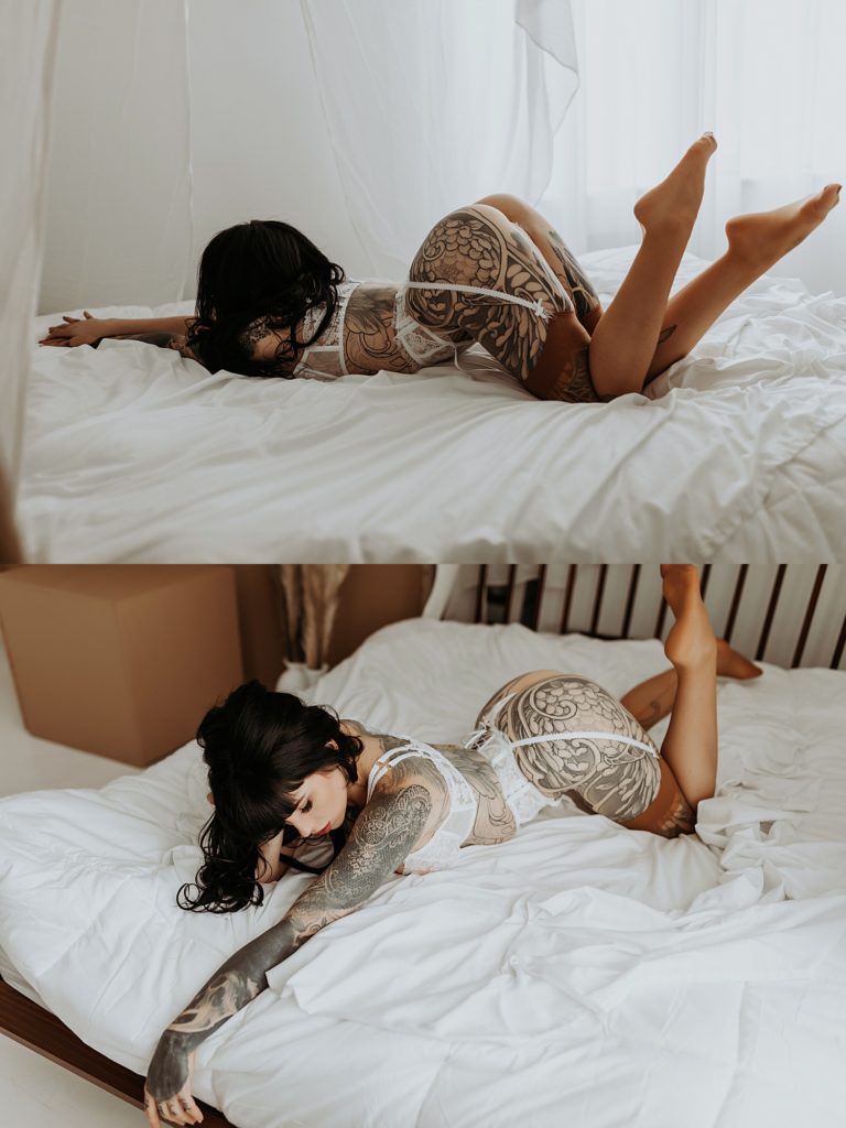 Two image collage of a Woman covered in tattoos wearing lingerie lying across a bed.