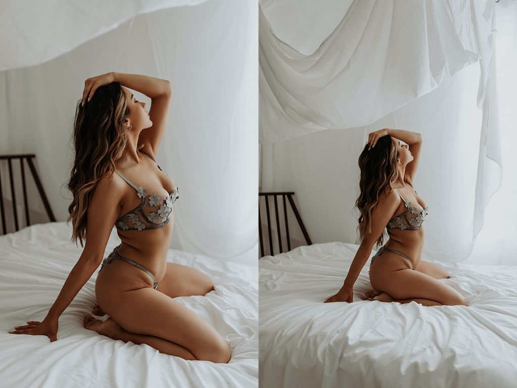 Two image collage of a woman kneeling on bed of white sheets with white drapes above her. Her hand is in her hair and she has her eyes closed. 