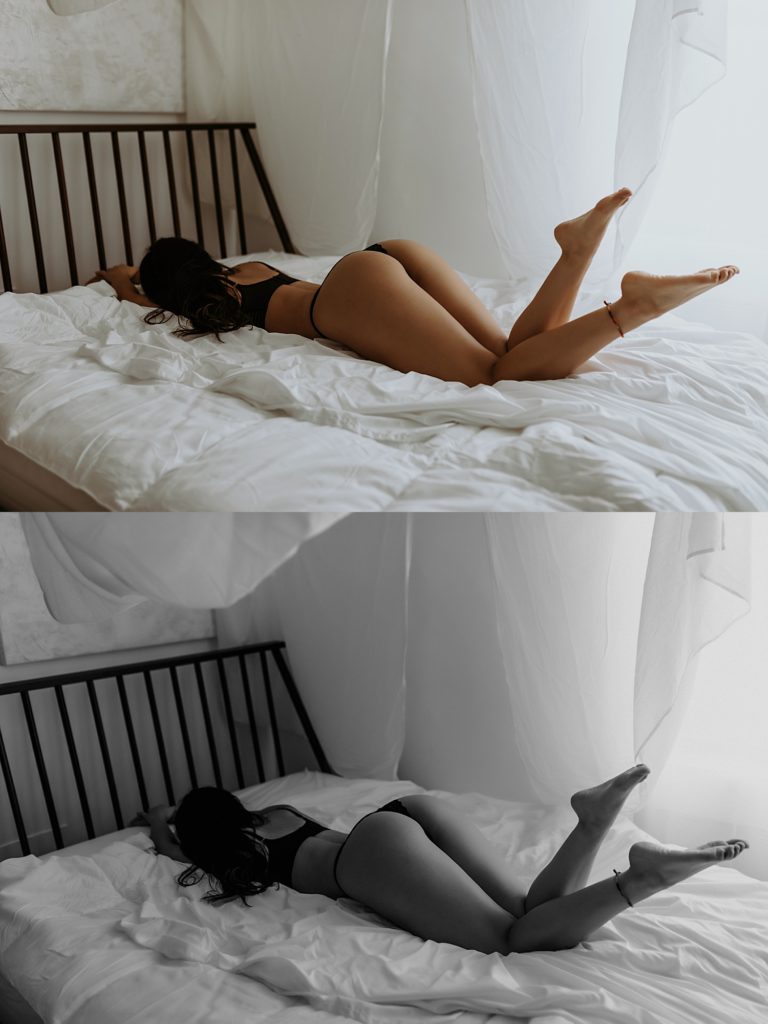 Two image collage of a woman in lingerie lying face down across a bed for her Minnesota boudoir session. 