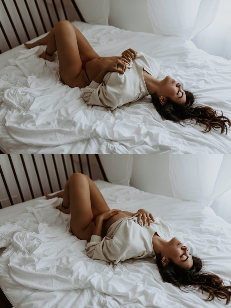 Two image collage of a woman wearing a sweater and a thong, lying on a white bed.
