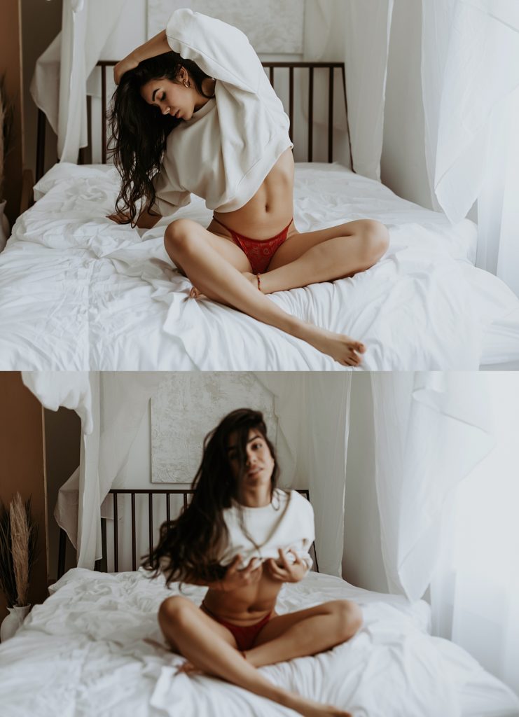 Two image collage of a woman in a cream sweater and red thong sitting on a bed for her boudoir session. 