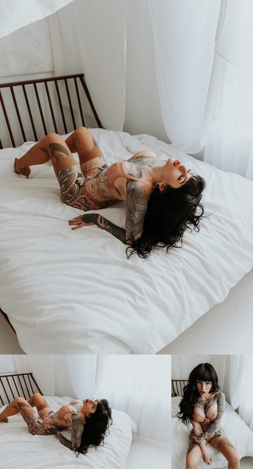 Boudoir lying on a white bed for her tattoo boudoir session with Minneapolis boudoir photographer.