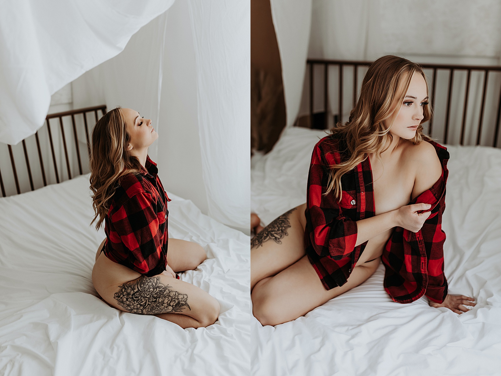 Woman in plaid red shirt on a boudoir studio for sultry afternoon session.