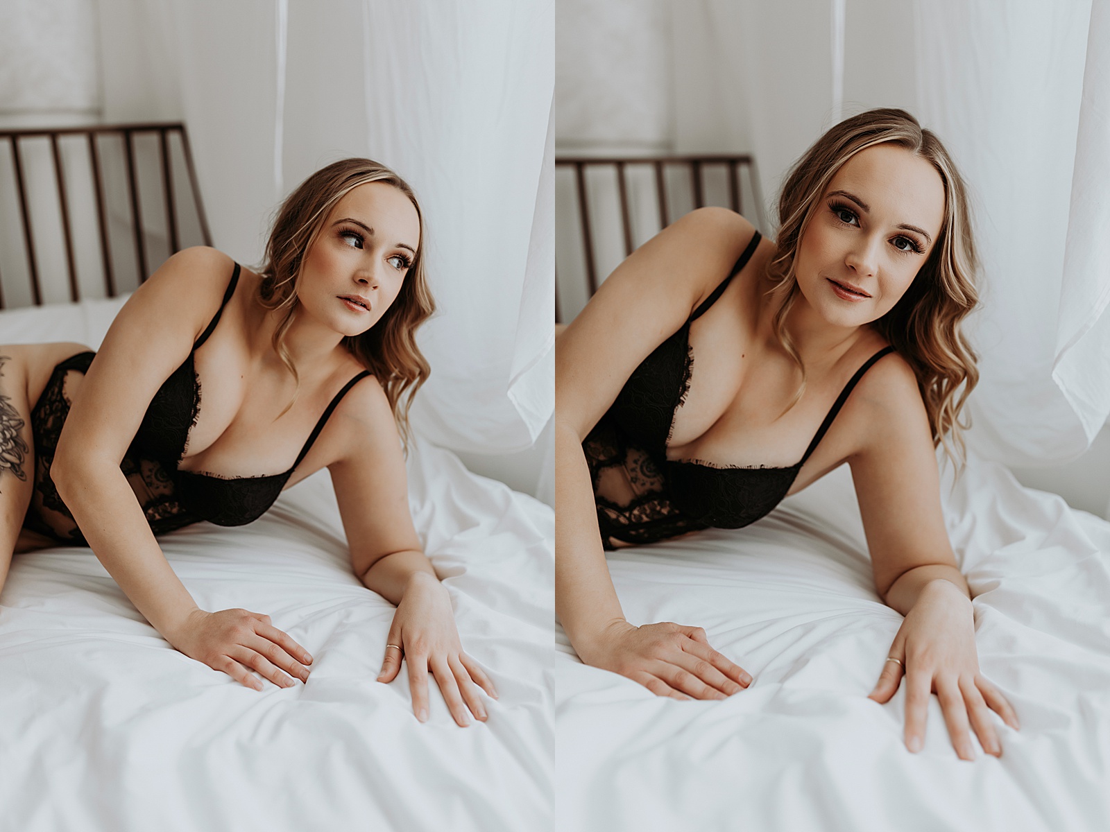 Woman lying on a white bed in a black lace bodysuit for her boudoir photo shoot