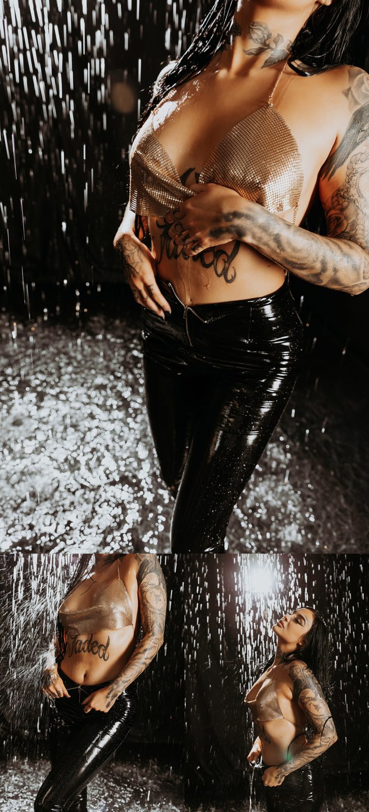 Woman in a gold top and leather pants under rain at a photo studio in Minneapolis. 
