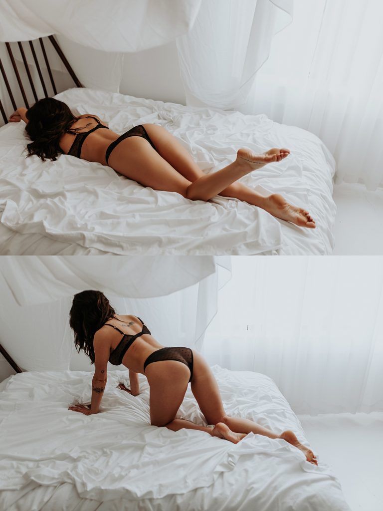 Woman in matching two piece lingerie kneeling on a bed for her sexy photo shoot in Minnesota.