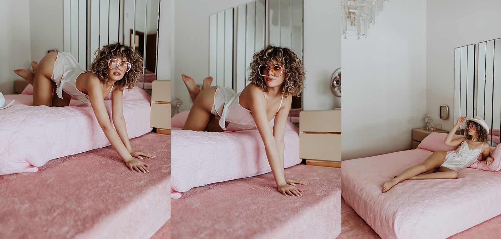 Woman in white silk lingerie lying on a pink bed for retro styled shoot 