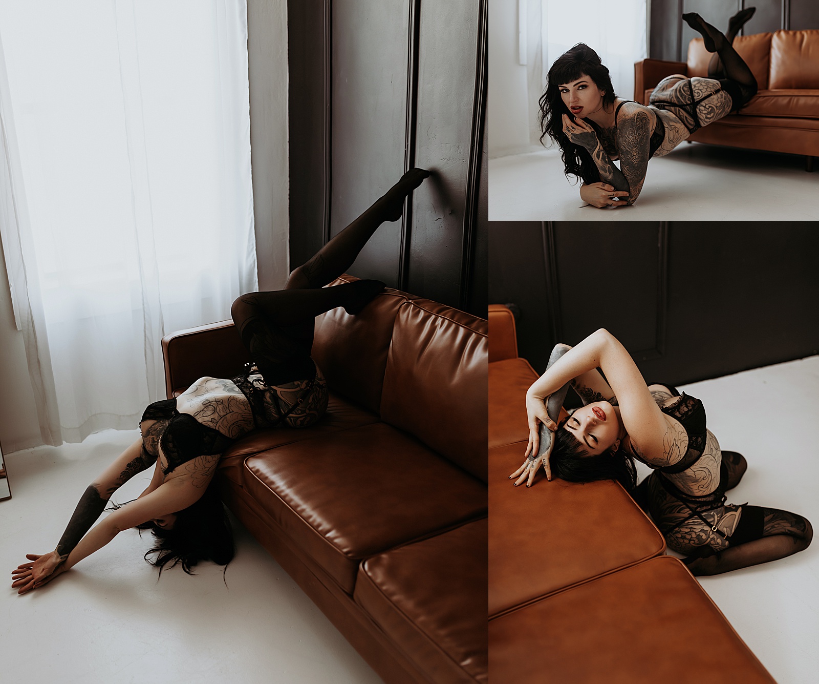 Woman posing against a leather couch in boudoir studio 