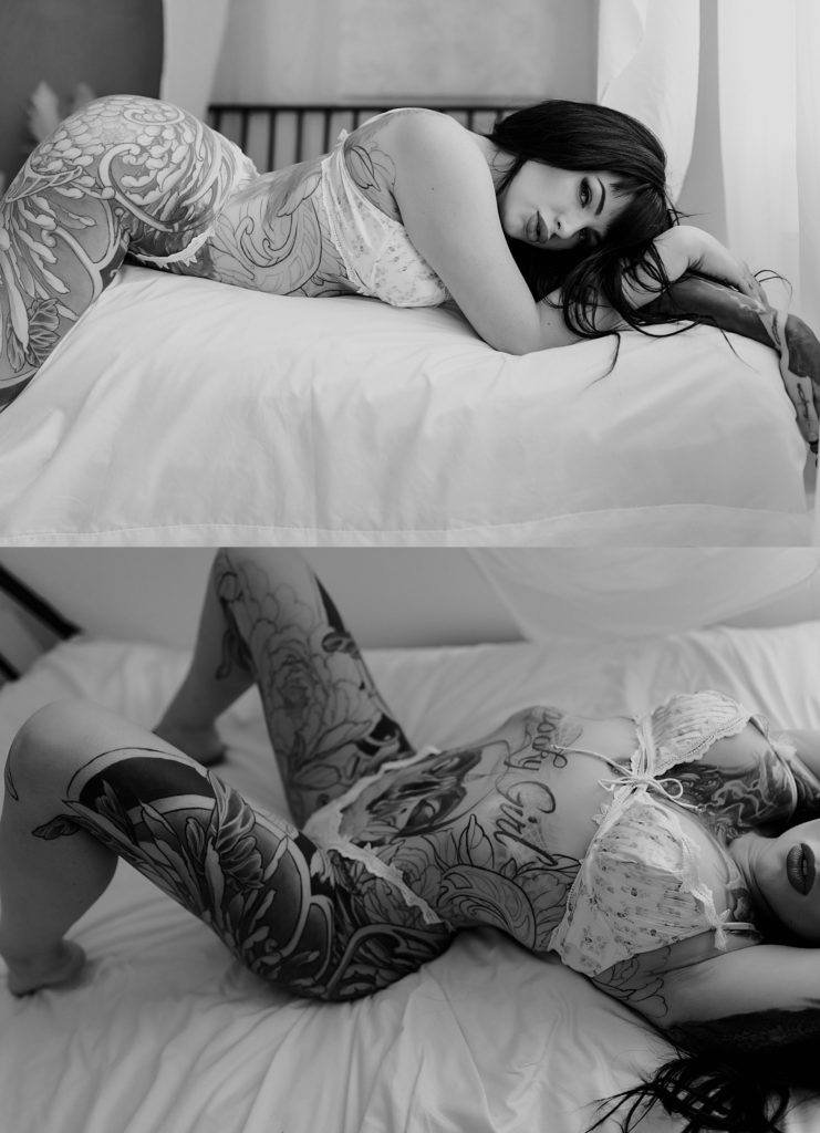 Woman with tattoos at her sensual session where she wore a black bodysuit lingerie