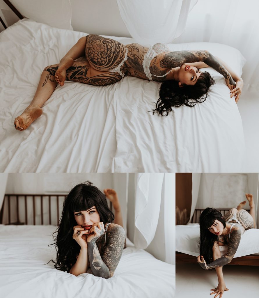 Lady with black hair stretching on a bed in white lingerie by Mary Castillo a Minneapolis boudoir photographer