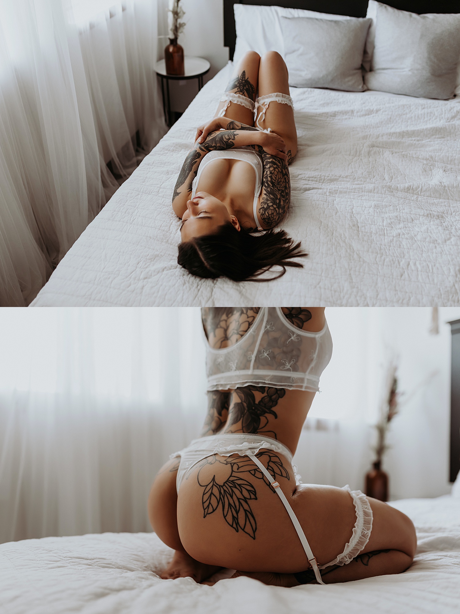 Tattooed woman in white sheer garter set by Minneapolis boudoir photographer Mary Castillo 
