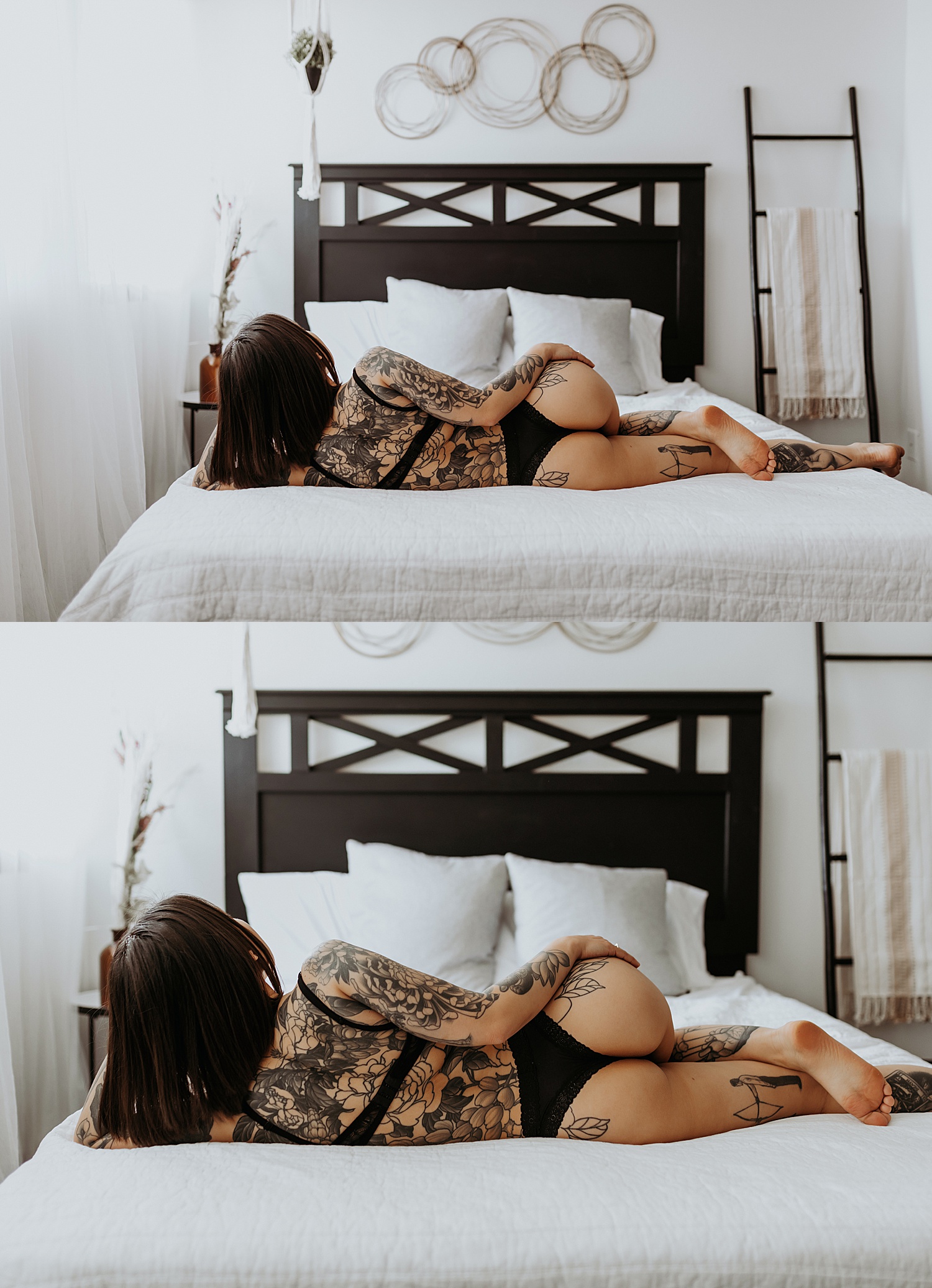 Brunette in black matching set lying on a bed for intimate portraits