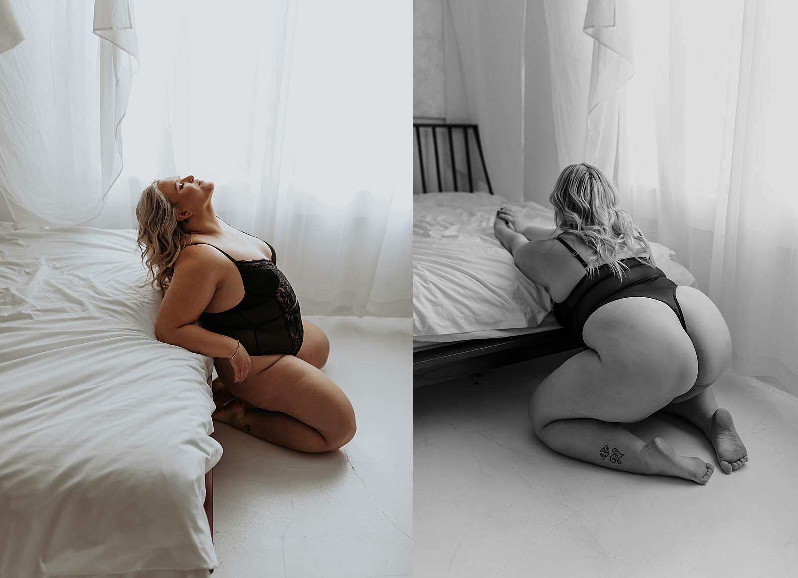 Woman kneeling on the floor over a bed at boudoir studio in Minnesota in sheer bodysuit lingerie
