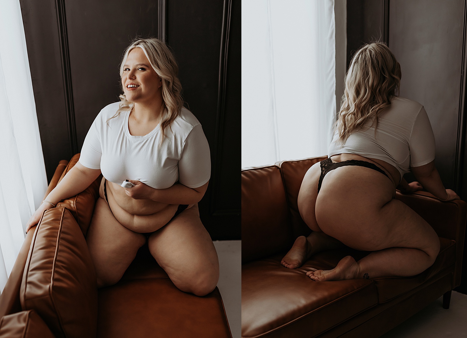 Woman in white tee and thong on a couch at boudoir studio 
