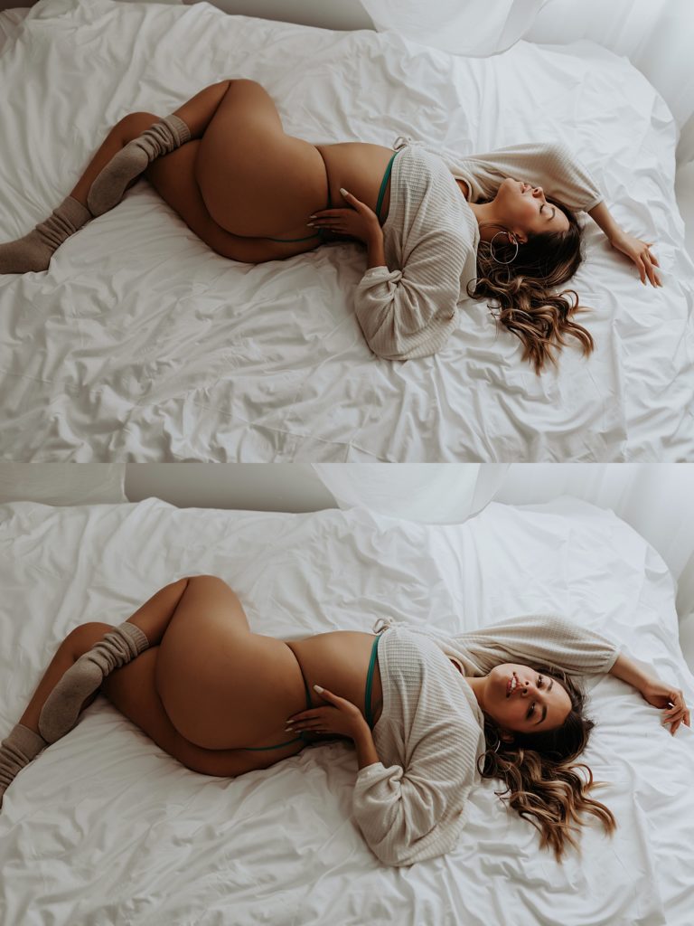 Brunette in white sweater and green thong on a bed by Minneapolis boudoir photographer Mary Castillo