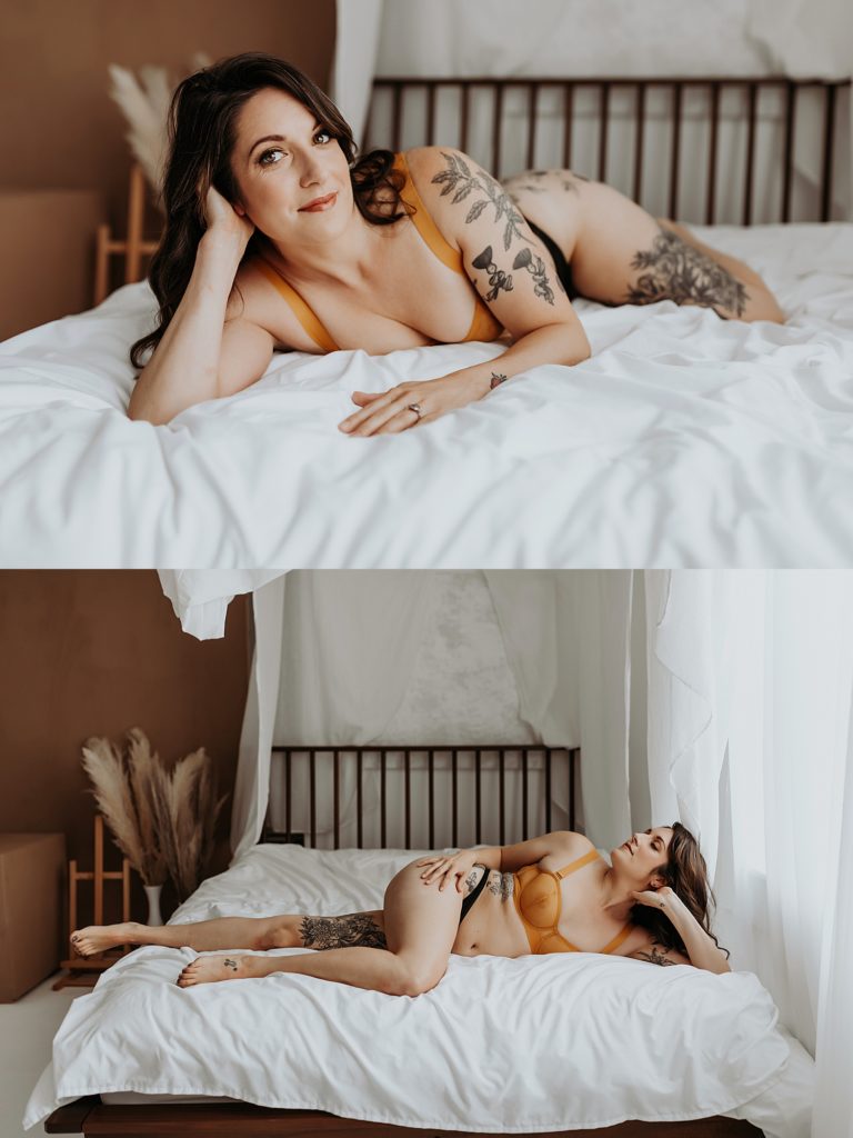 woman in lingerie lying on a bed for boudoir photo shoot 