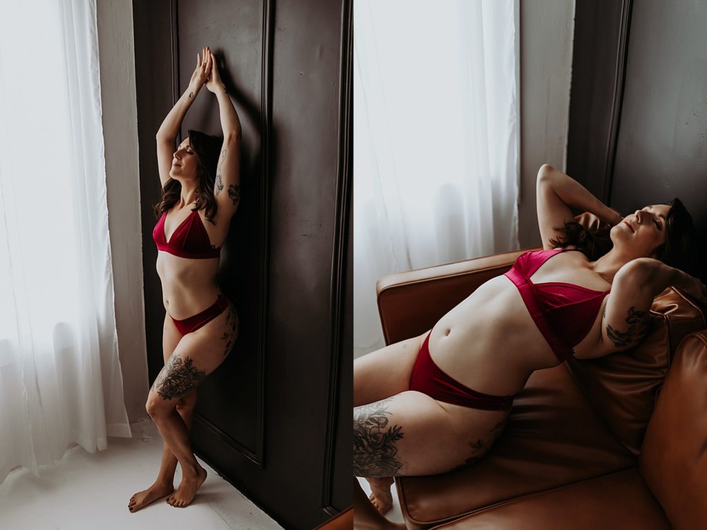 brunette in red velvet lingerie at sexy photo shoot 