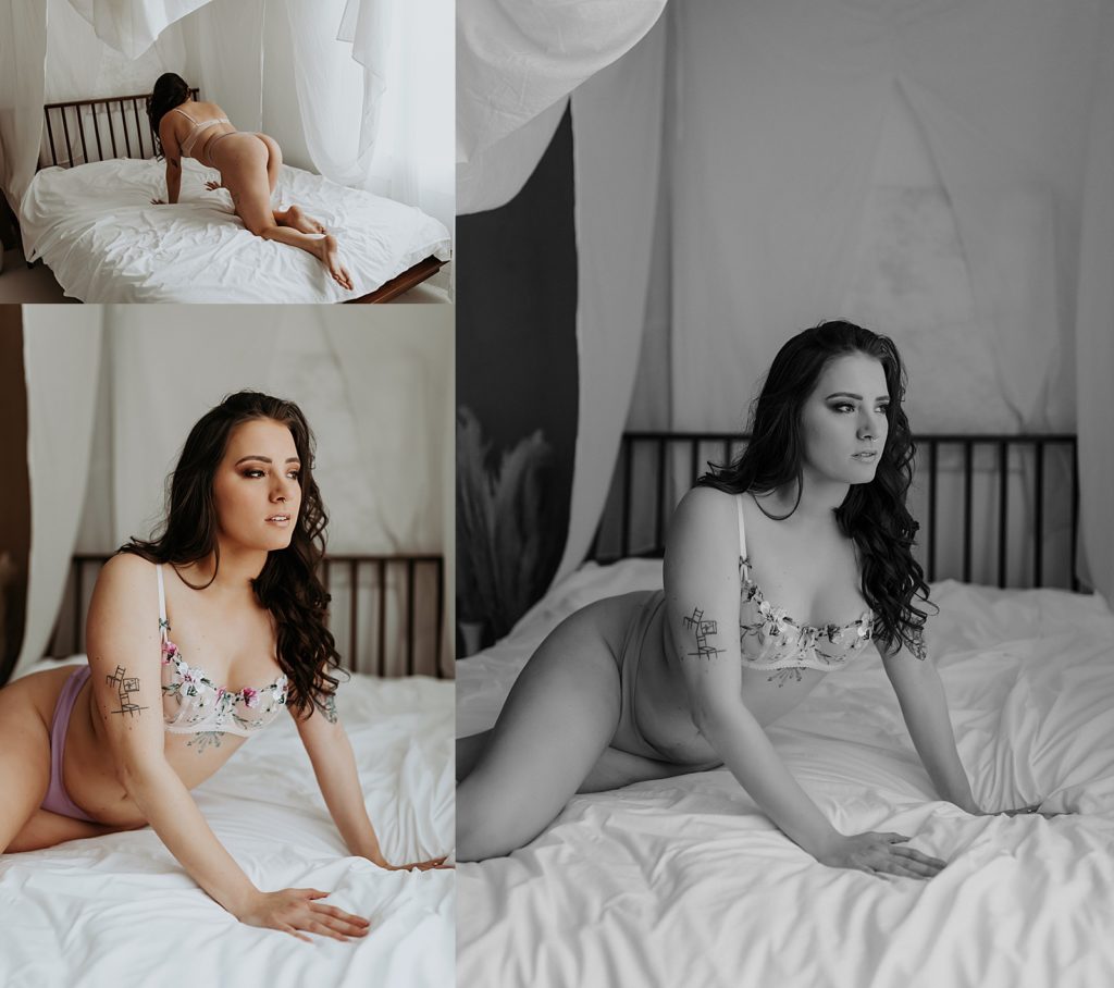 Woman in floral lingerie at her boudoir shoot in Minneapolis 