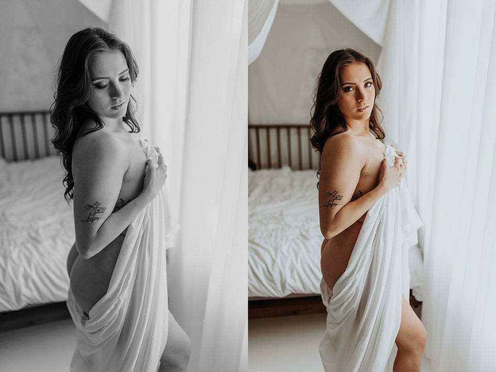Brunette woman without clothes, covering her body with a sheet for an empowering shoot 
