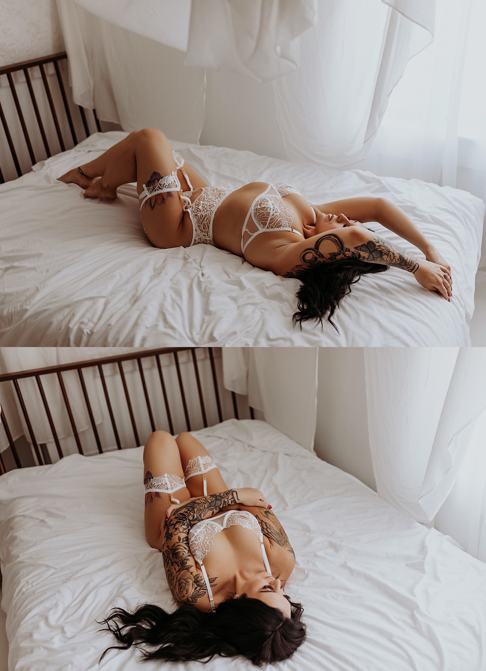 Brunette woman lying across a bed wearing white lace lingerie set 