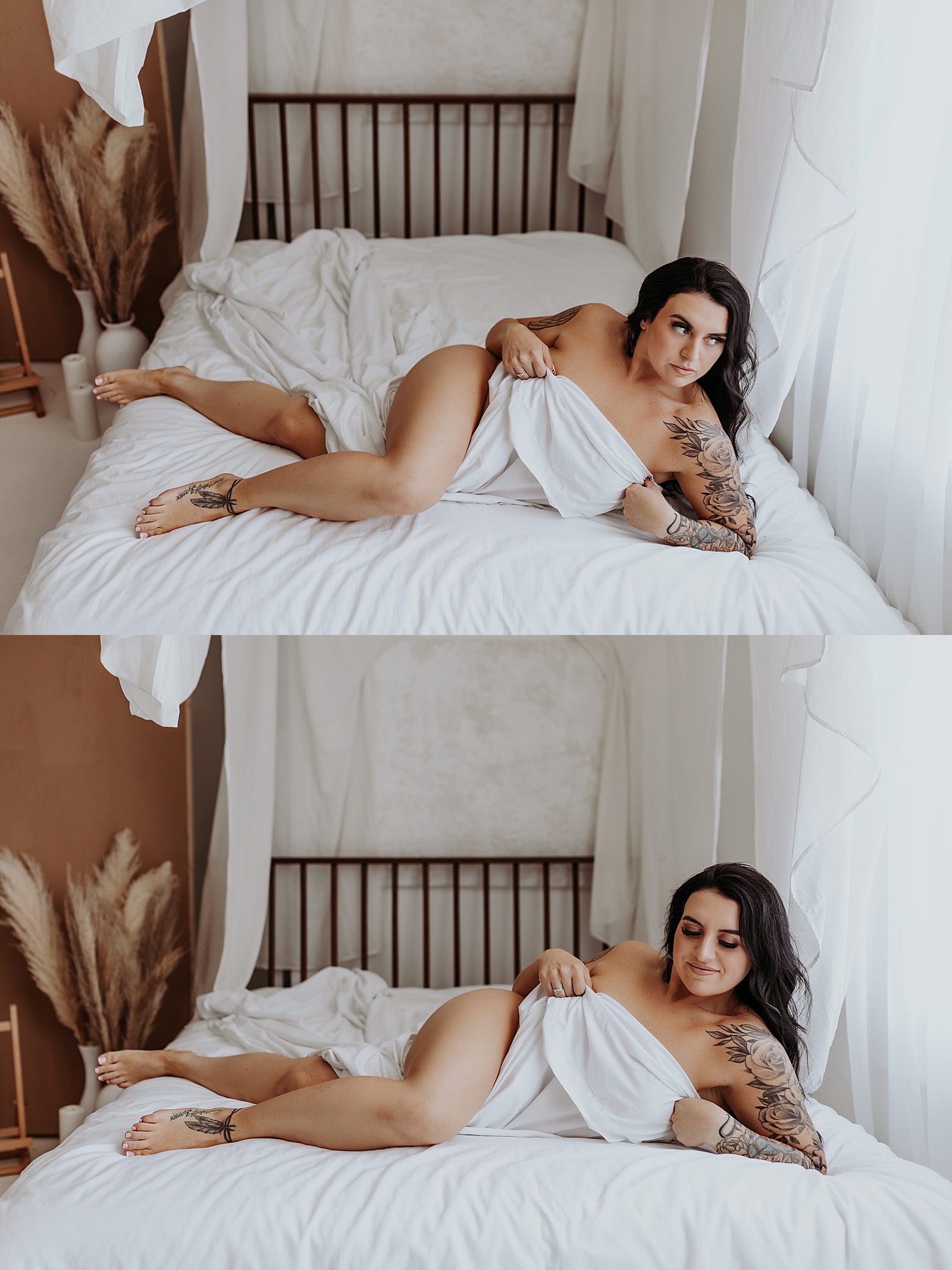 Nude woman covered by just the sheet at boudoir studio 