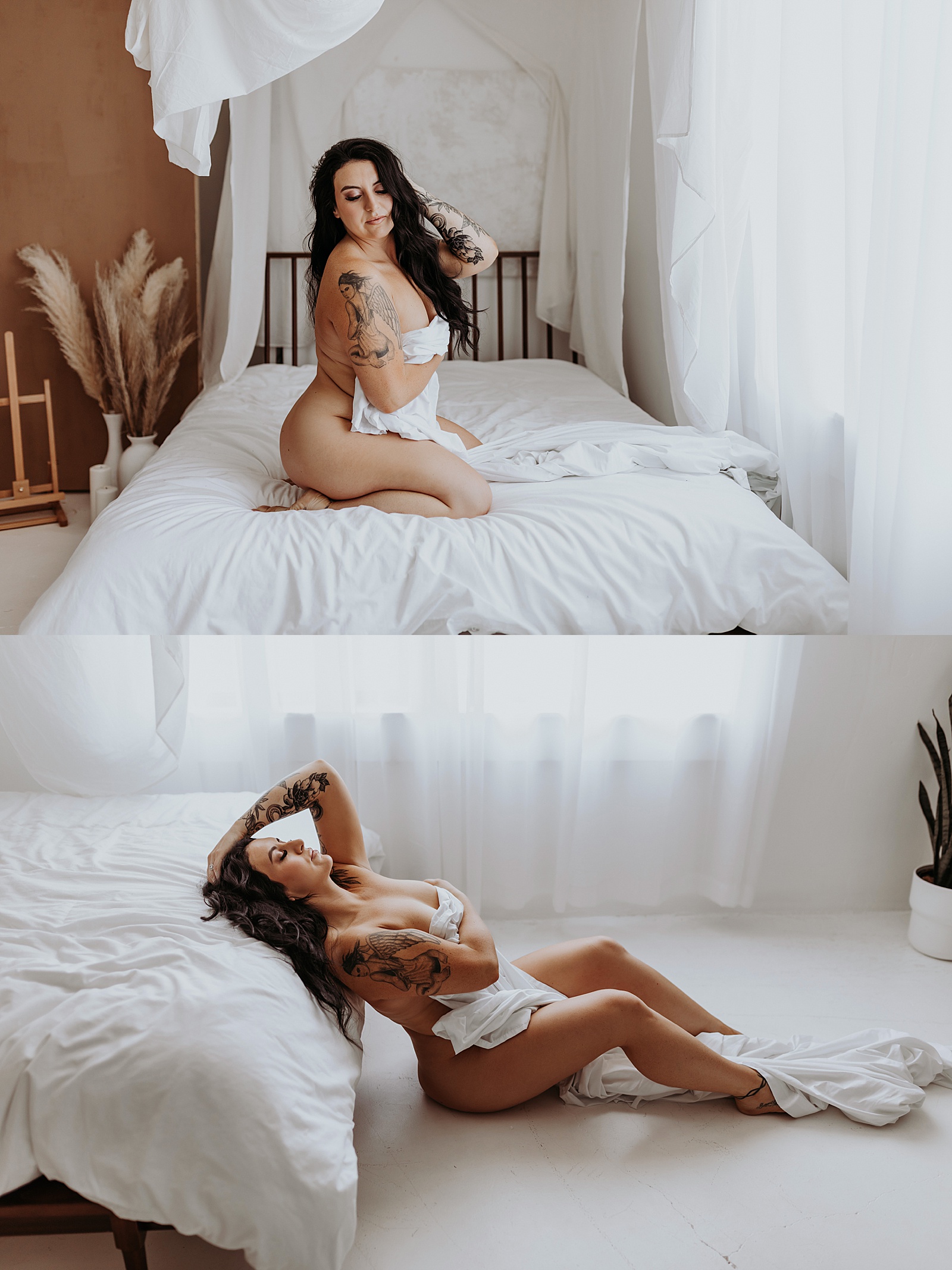 Nude woman sitting against a bed covering herself with a sheet by Mary Castillo Photography