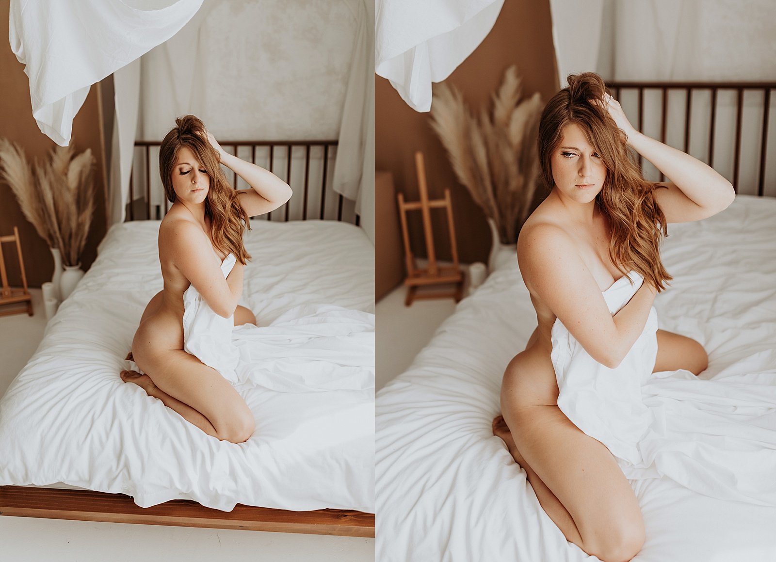 Nude woman kneeling on a white bed, covering herself with a sheet by Mary Castillo Photography 