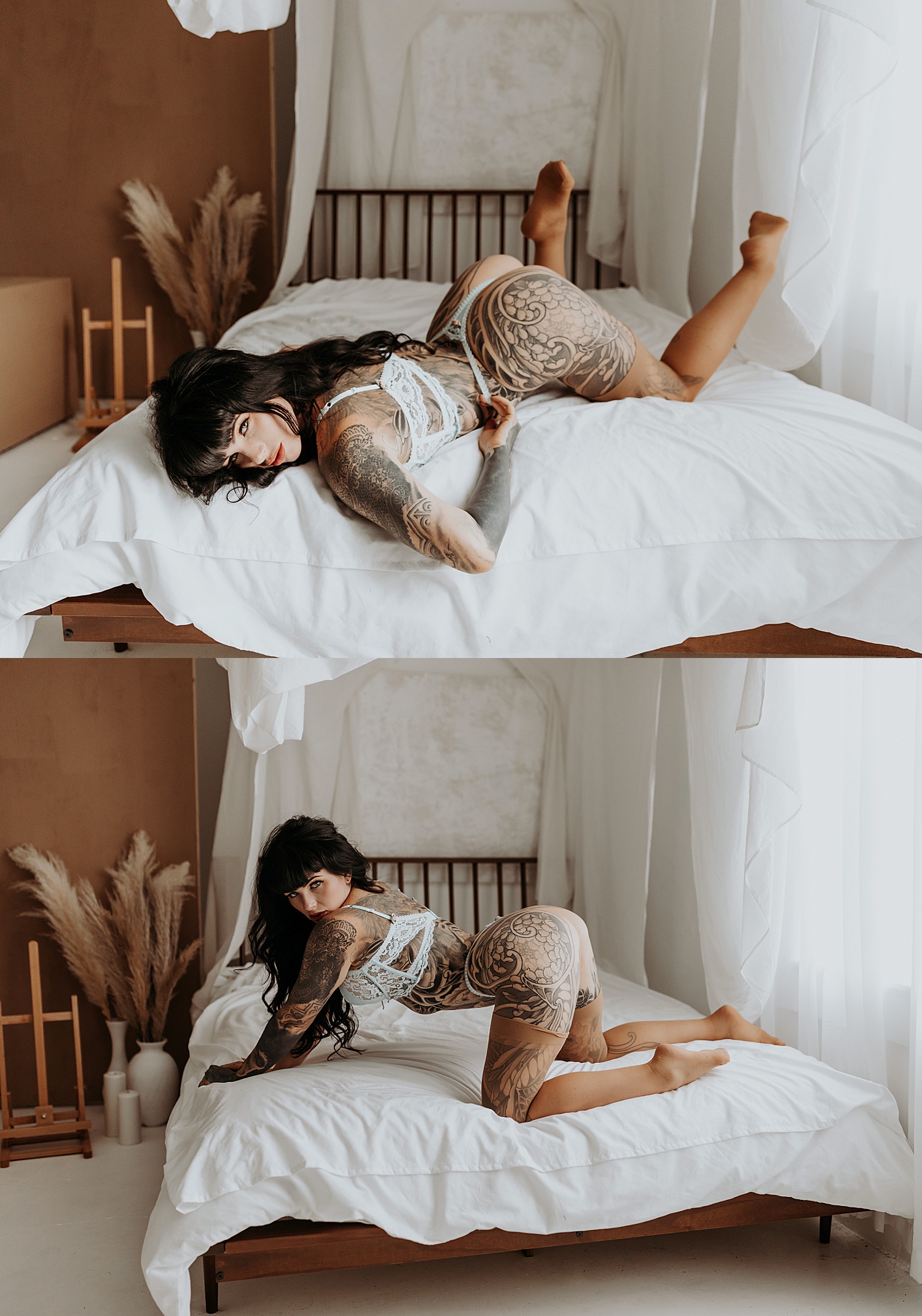 Woman lying across a bed in pale blue lingerie Minneapolis Boudoir Photographer