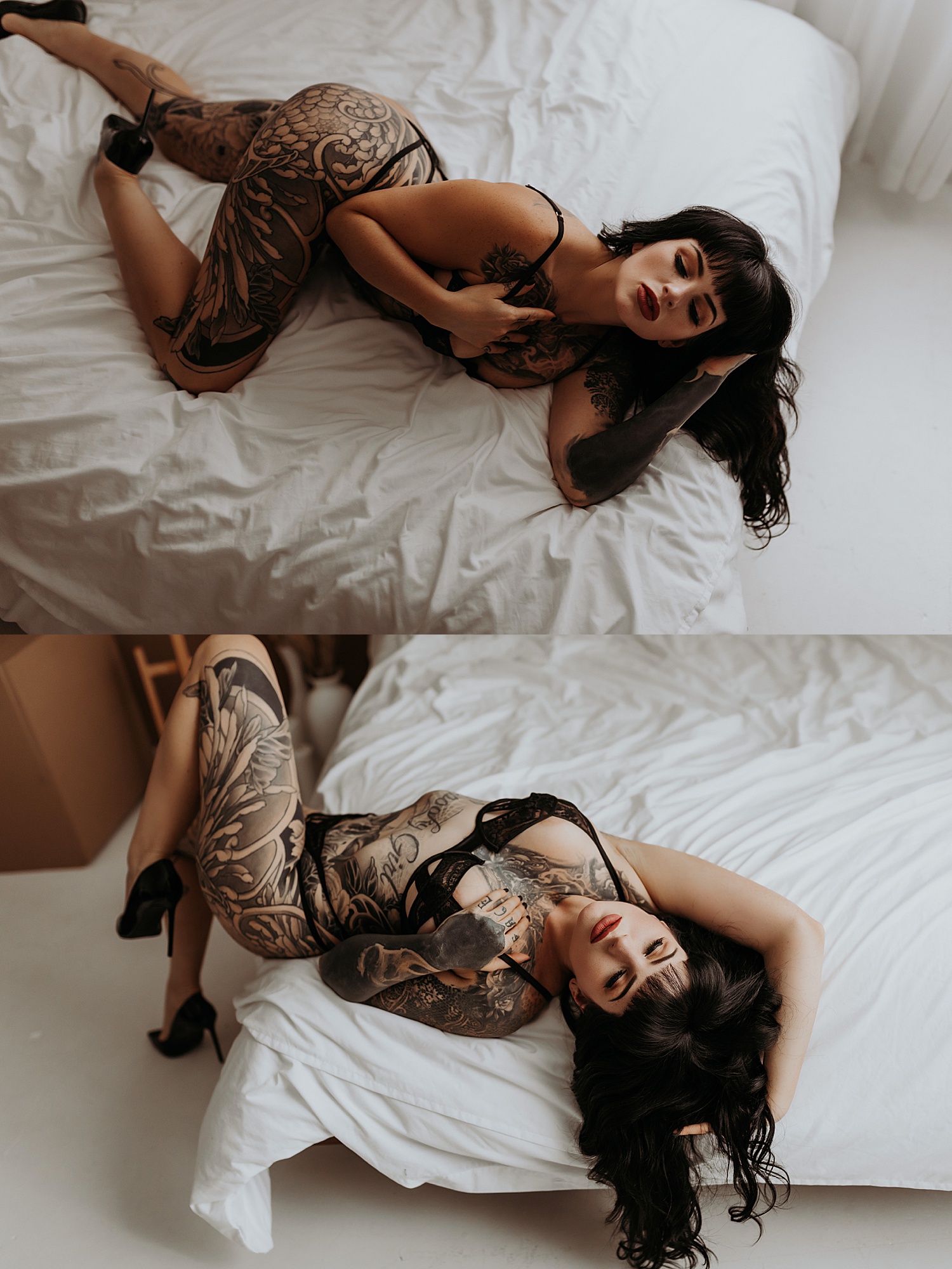 Model with tattoos wearing black lingerie on a bed by Mary Castillo Photography 