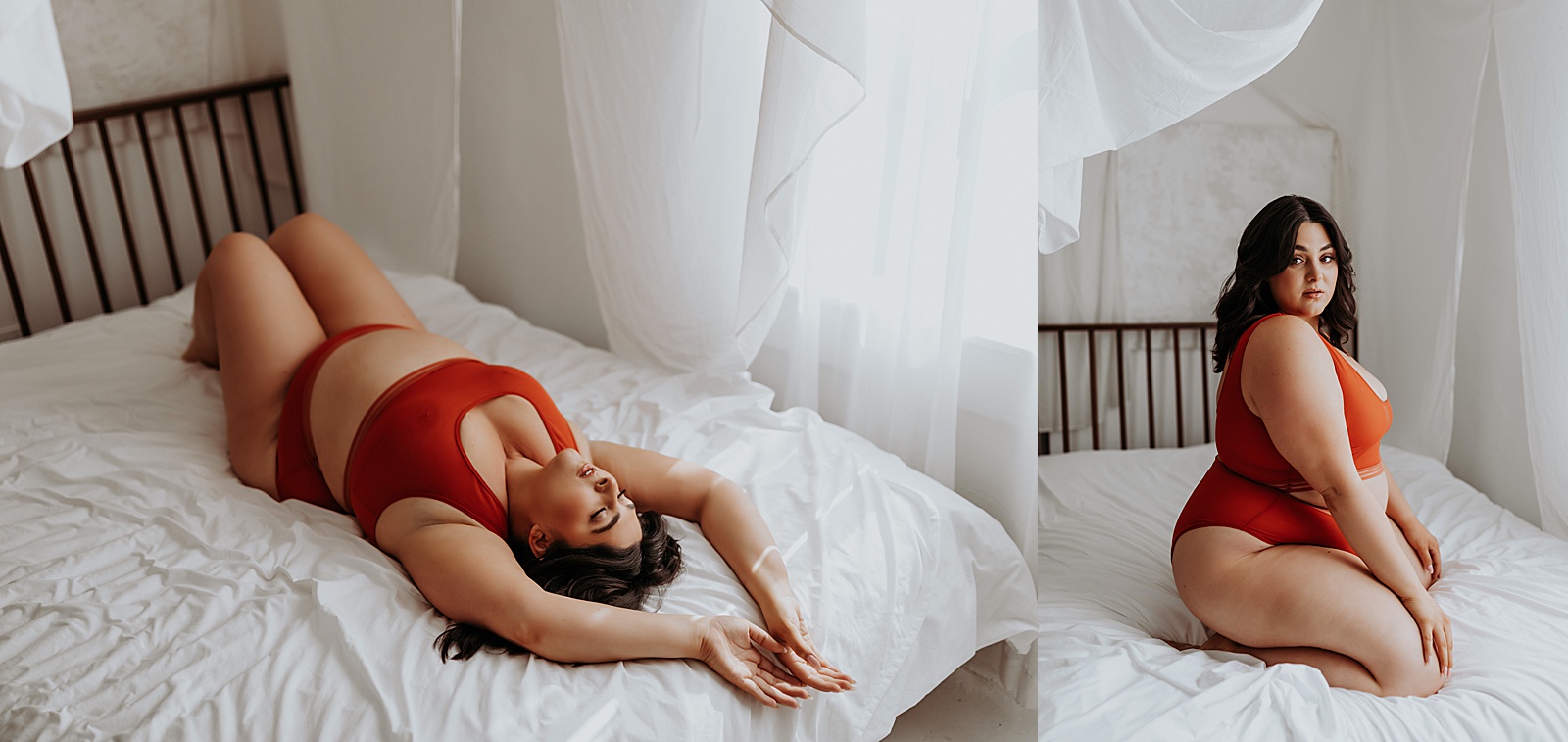 Woman in orange lingerie on bed for body activist shoot
