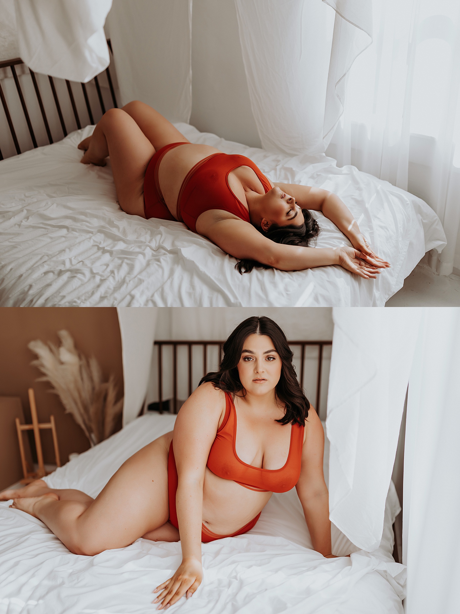 Woman in orange underwear lying across bed by Mary Castillo Photography
