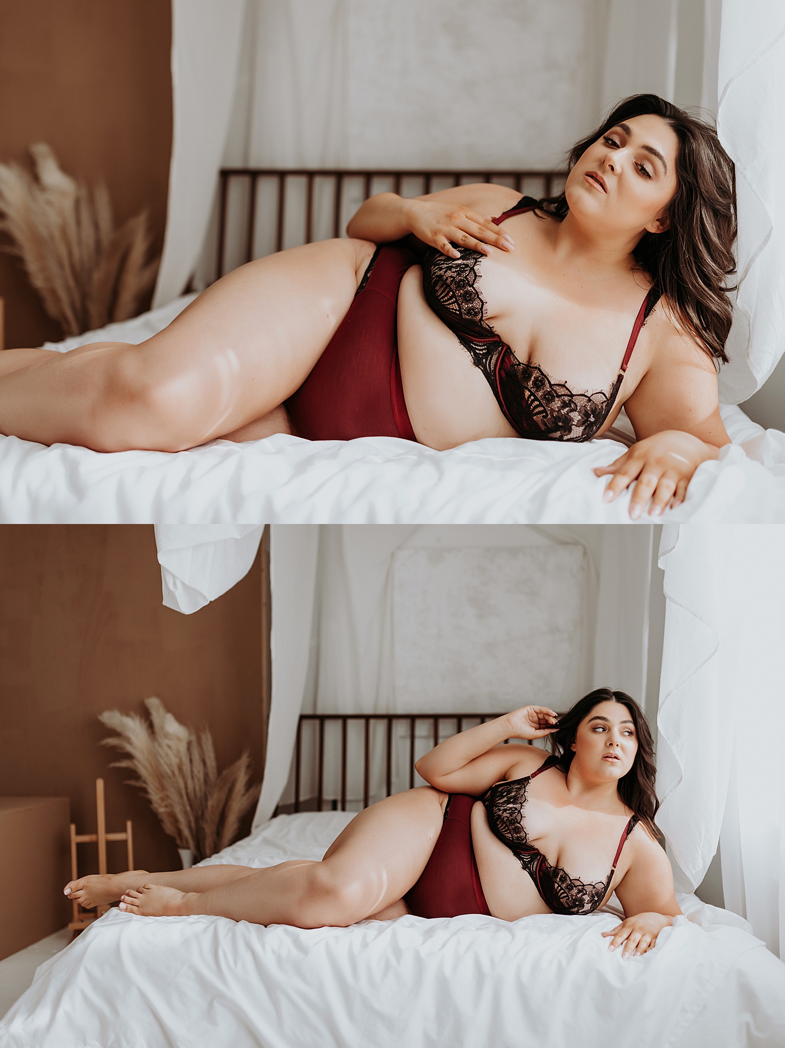 Woman in maroon lingerie lying on bed for body activist shoot
