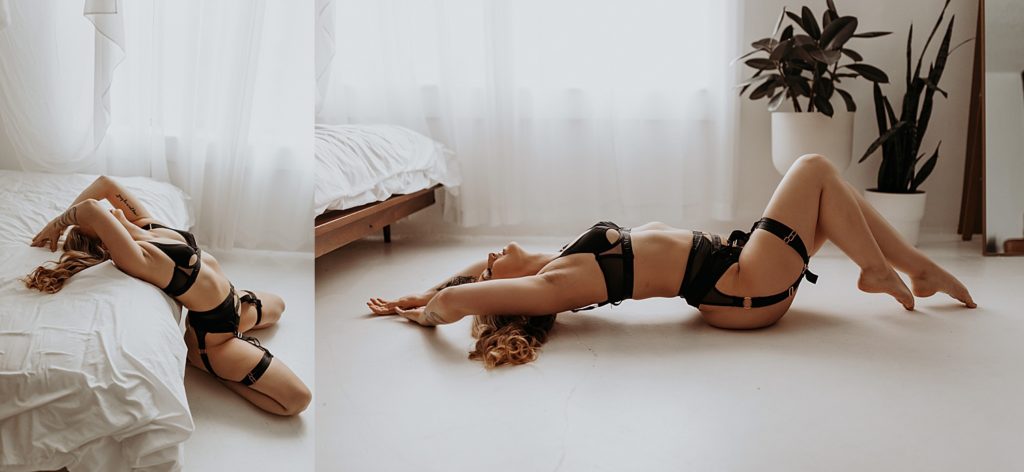 Woman lying across white floor at studio by Minneapolis boudoir photographer 