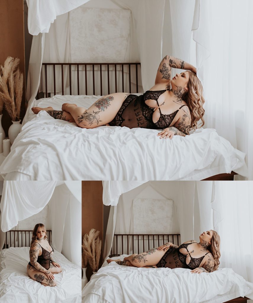 tattoo woman on bed for Spicy Studio Shoot