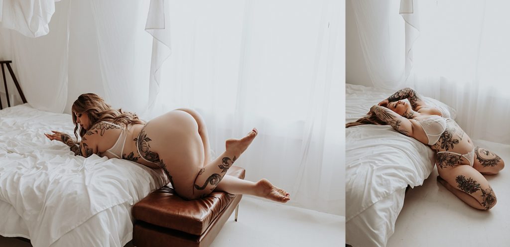 curvy woman in white bra on bed by Minneapolis boudoir photographer