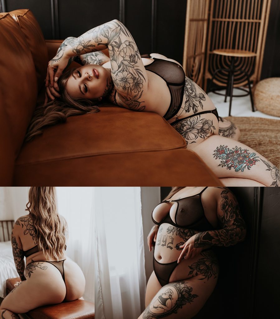 Blonde woman in sheer black bra by Minneapolis boudoir photographer