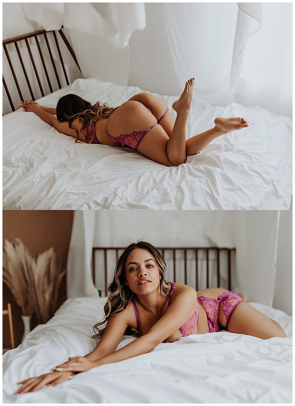 Lady lays on bed in purple lingerie for Valentine’s Day Gift