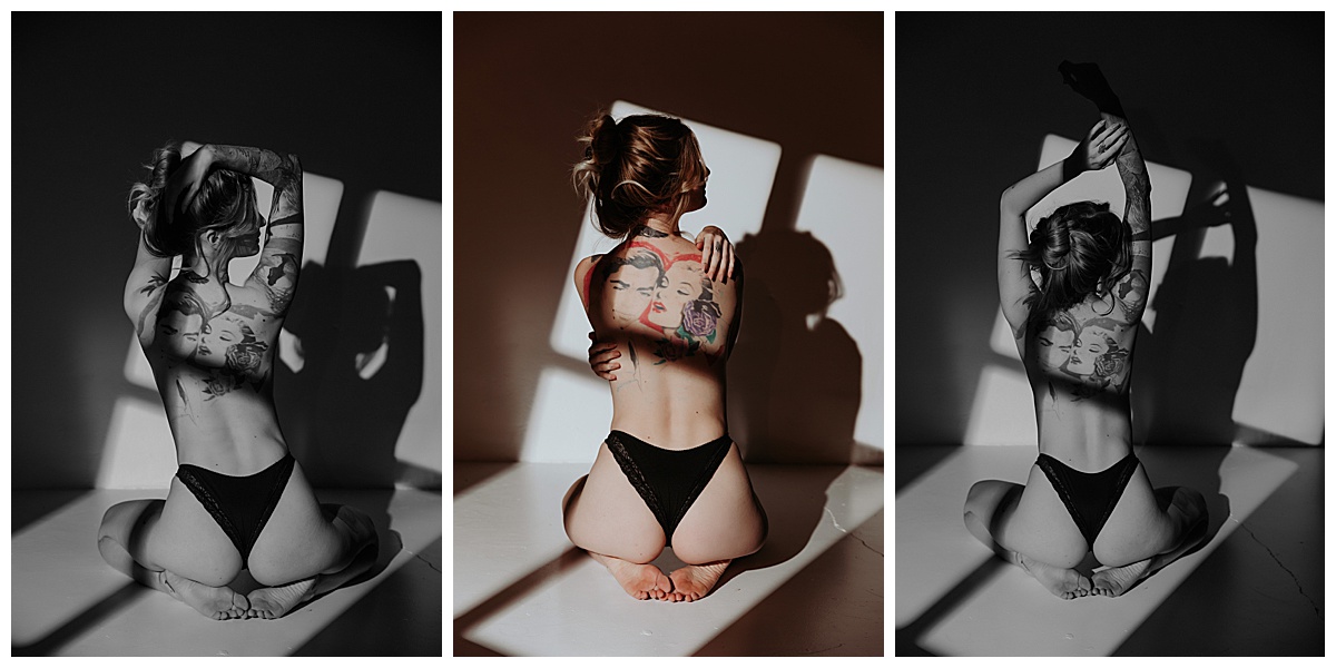 Woman sits on knees in lingerie for Minneapolis Boudoir Photographer