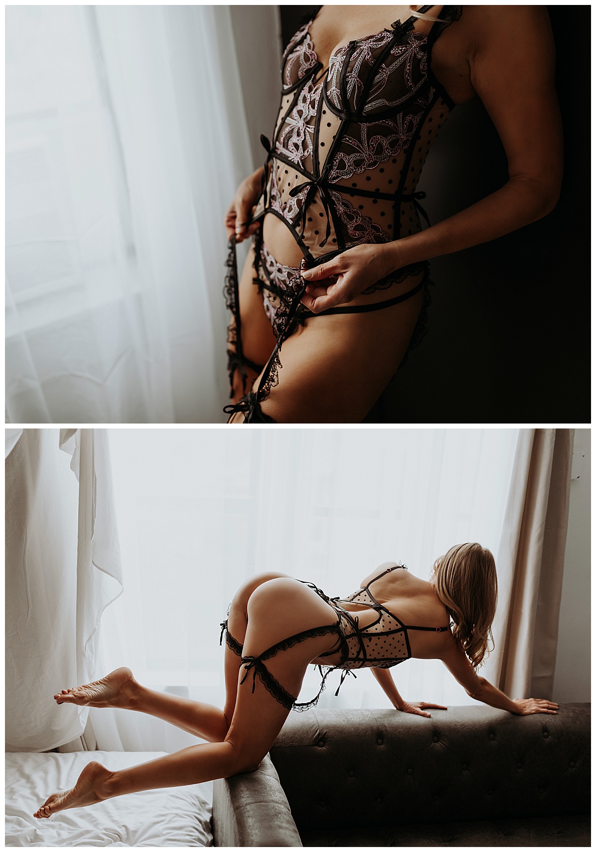 Woman leans onto couch and grabs lingerie for Mary Castillo Photography