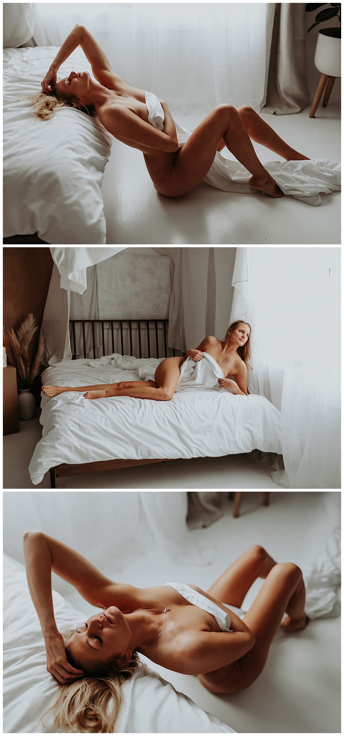 Blonde is wrapped in white sheet for Minneapolis Boudoir Photographer