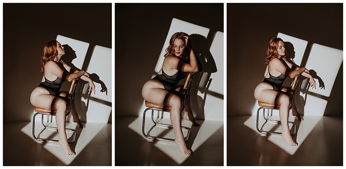 Adult in lingerie leans into chair for Mary Castillo Photography