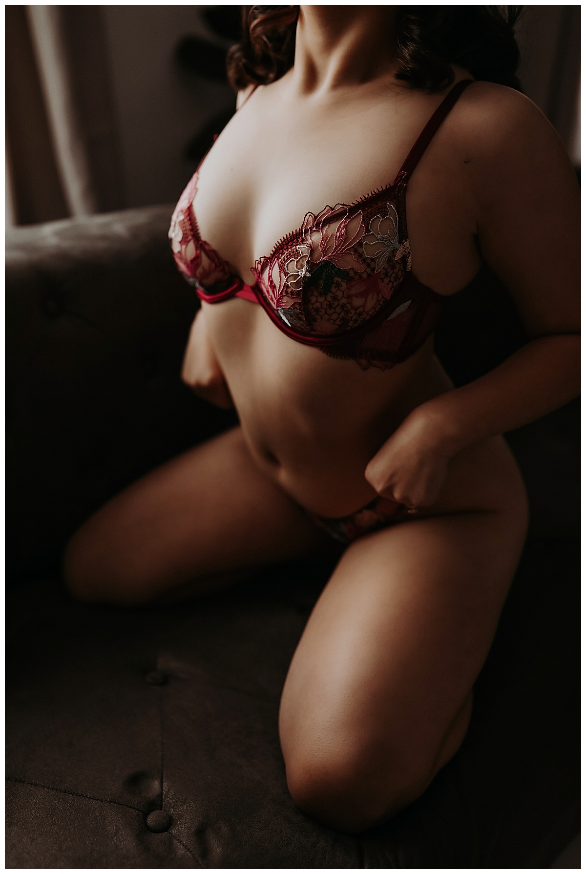 Woman in red lace lingerie for Mary Castillo Photography