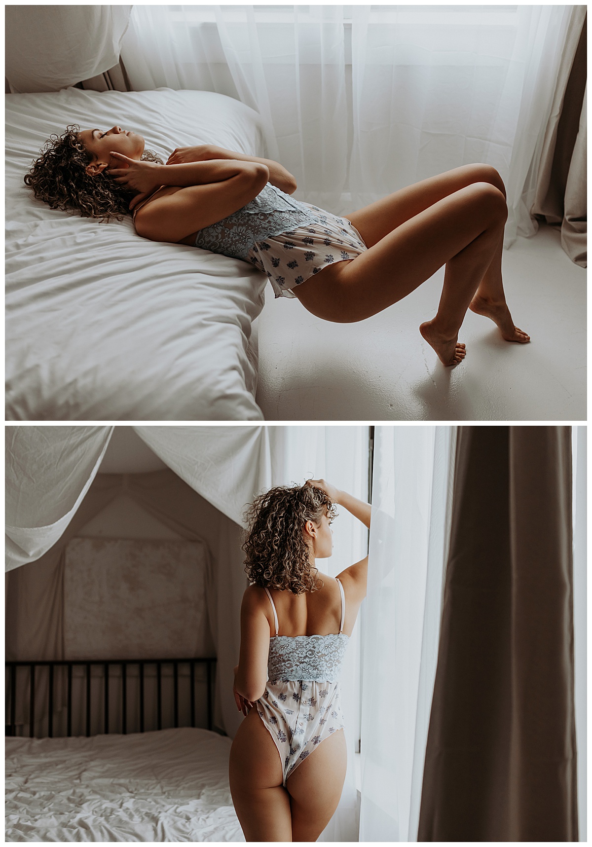 Girl wearing blue lace lingerie by bed for Mary Castillo Photography