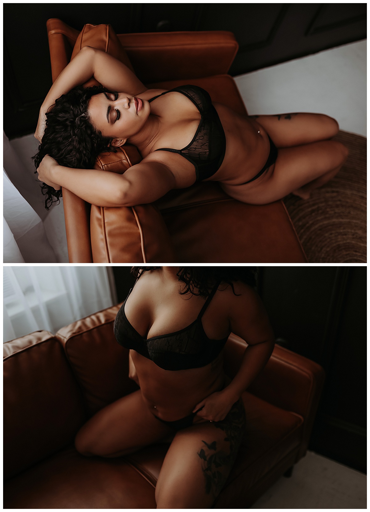 Lady sit son couch in lingerie for Mary Castillo Photography