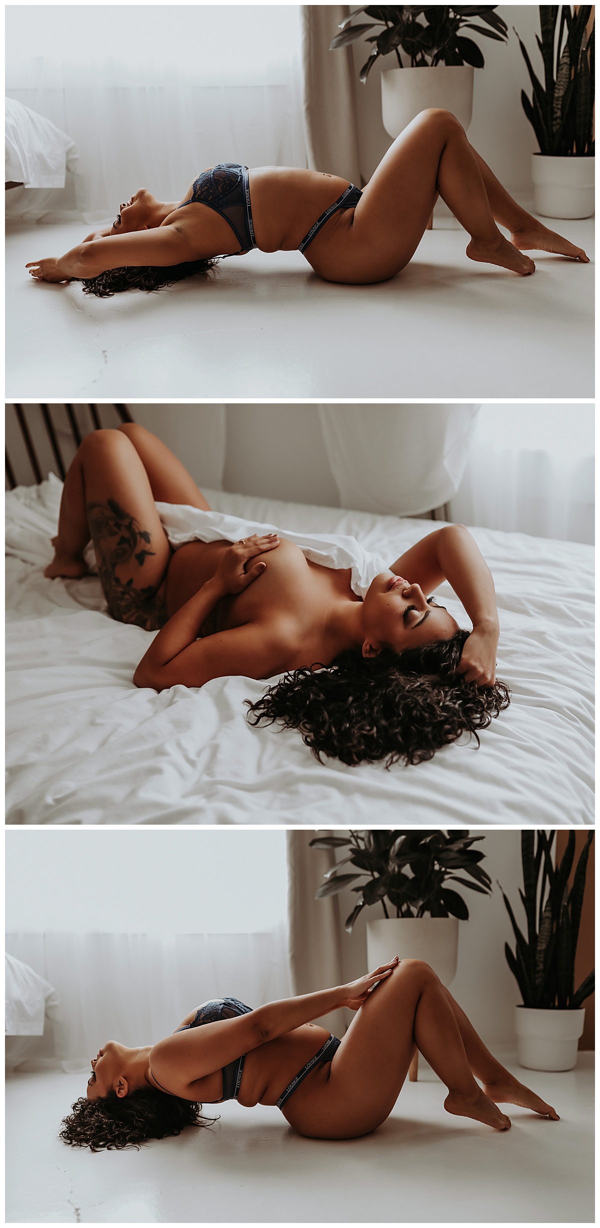 Female lays on back on bed and floor for Mary Castillo Photography
