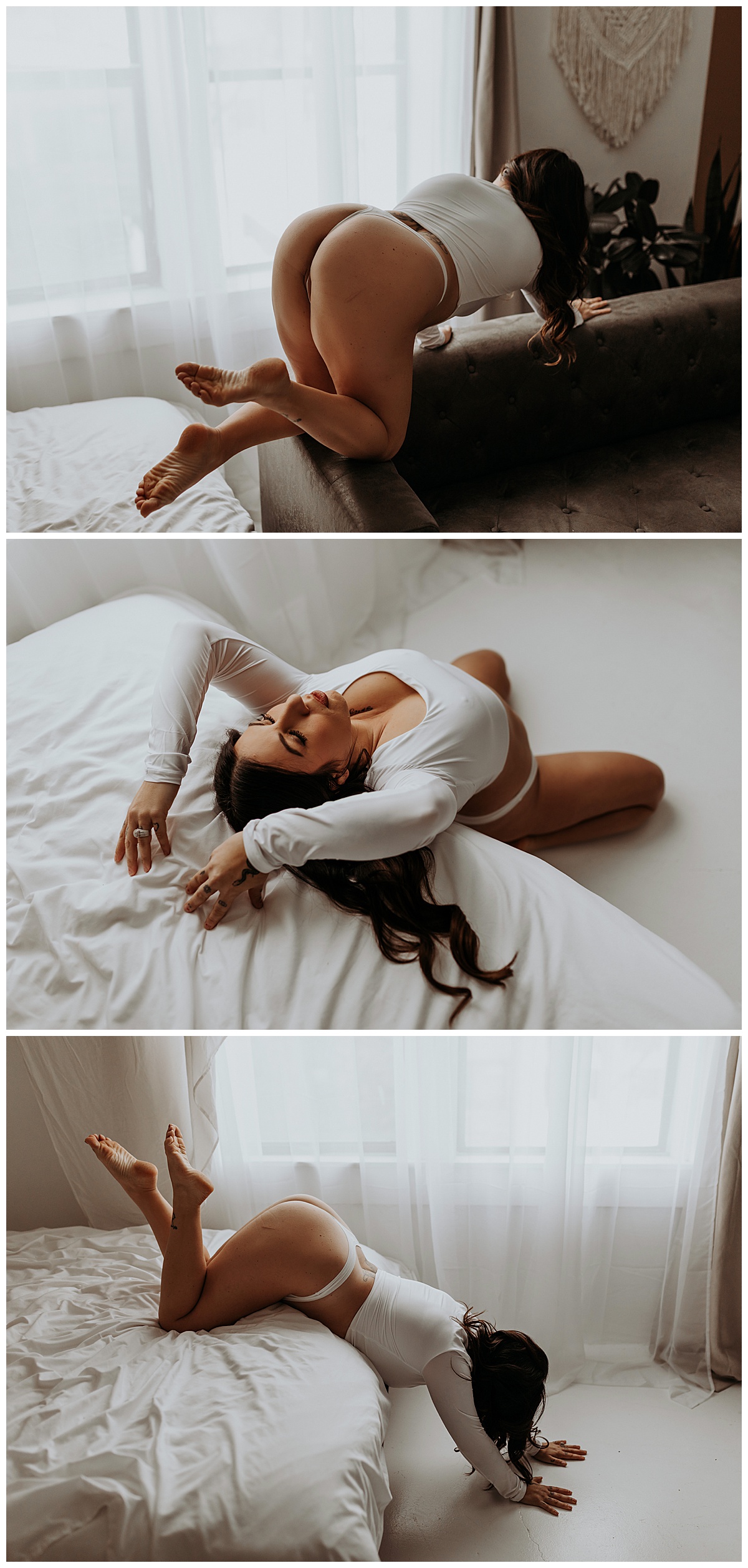 Lady leans over edge of bed in white shirt for Minneapolis Boudoir Photographer