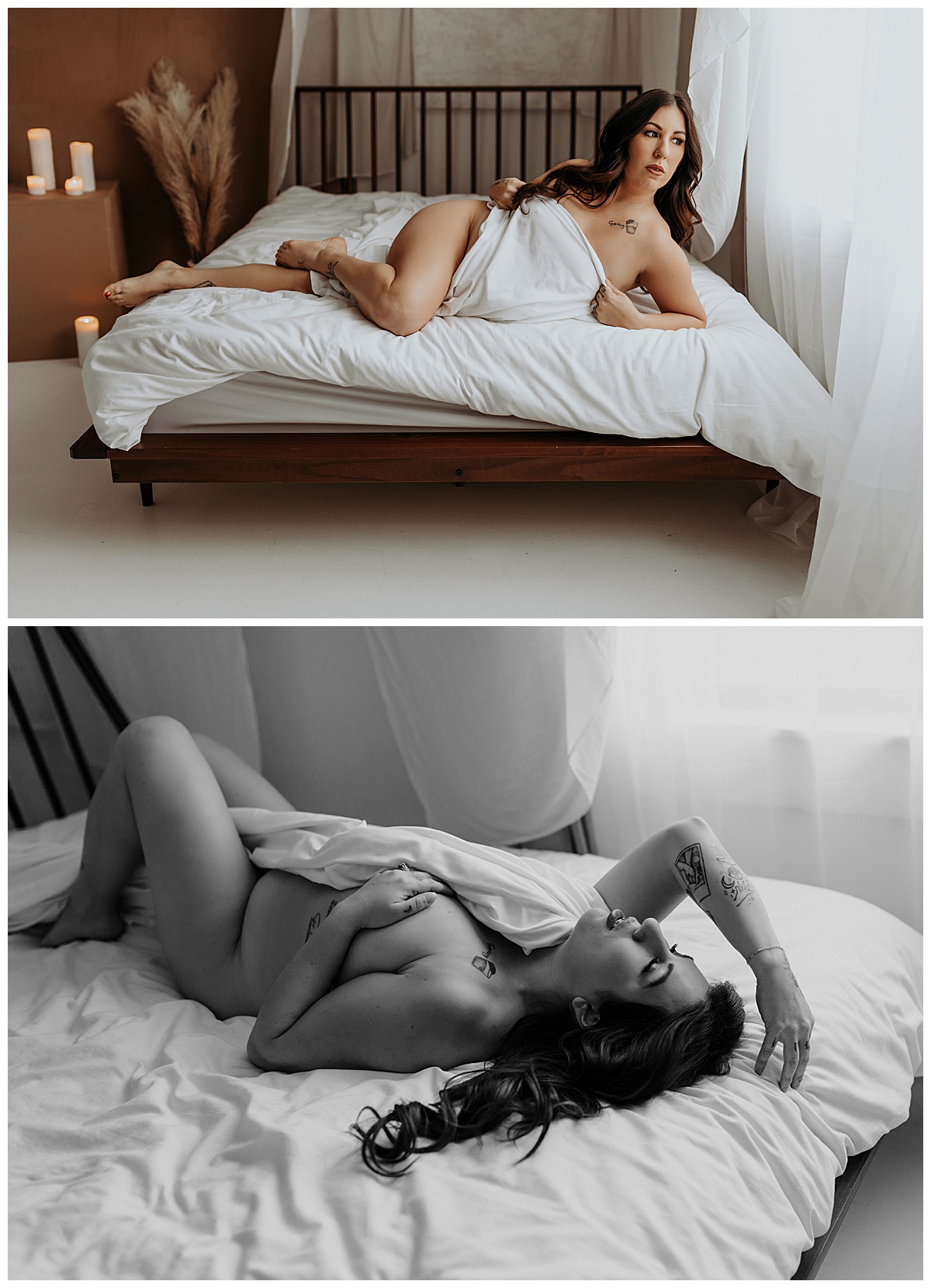 Adult covers body with sheet Minneapolis Boudoir Photographer